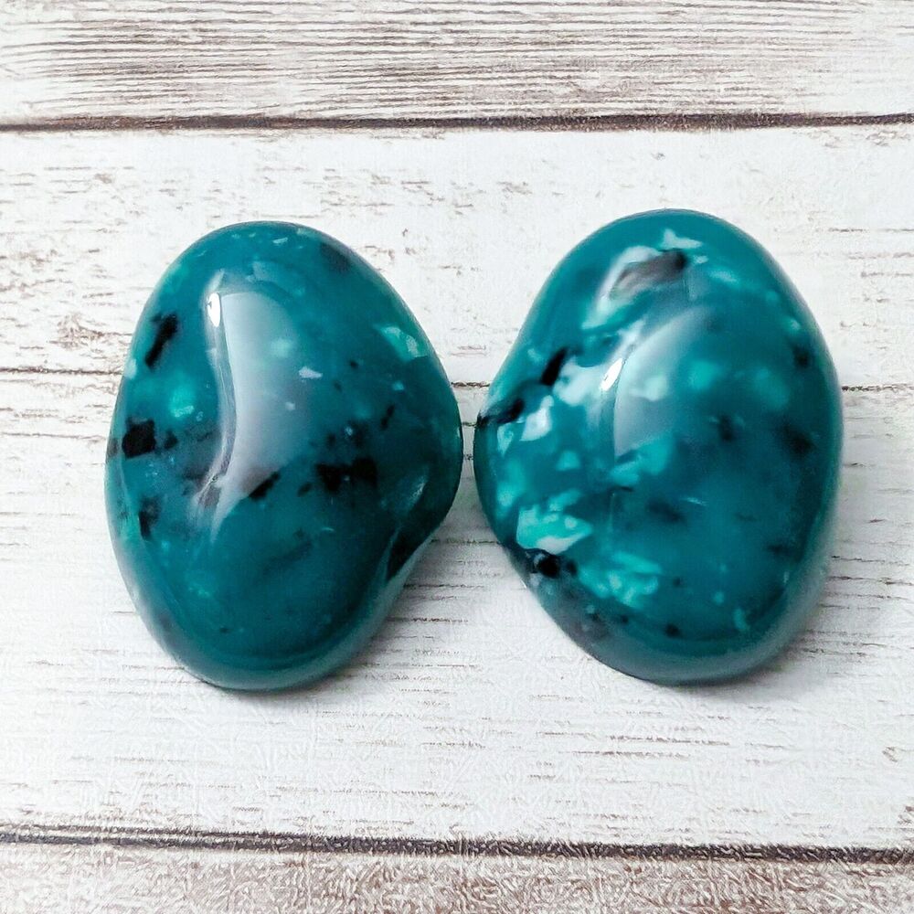 Vintage Clip On Earrings - Unusual Teal with Pattern 1.25" Statement Large